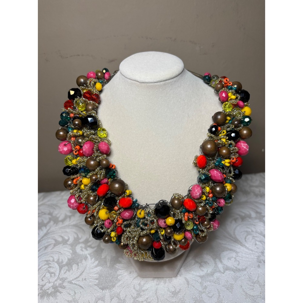 Aldo Multi Color Beaded Statement Bib Necklace Bronze Gold Tone Bold Maximalist